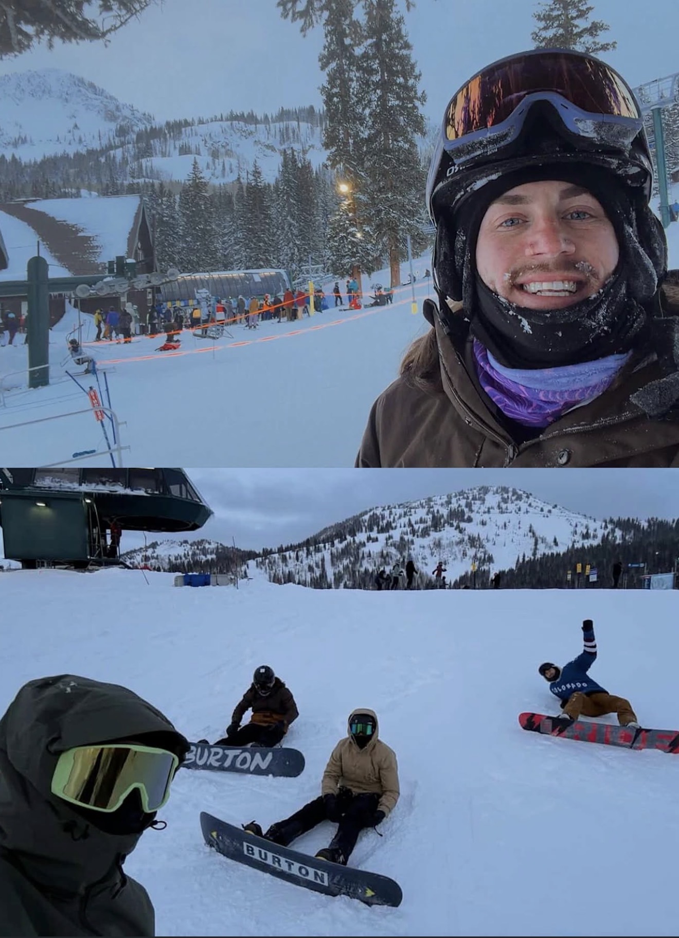 Photo collage of a team member smiling and the team sitting with snowboards on the Utah slopes